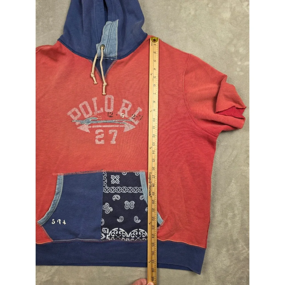 Polo Ralph Lauren Short Sleeve Hoodie Men XL Red Patchwork Bandana Graphic *Read